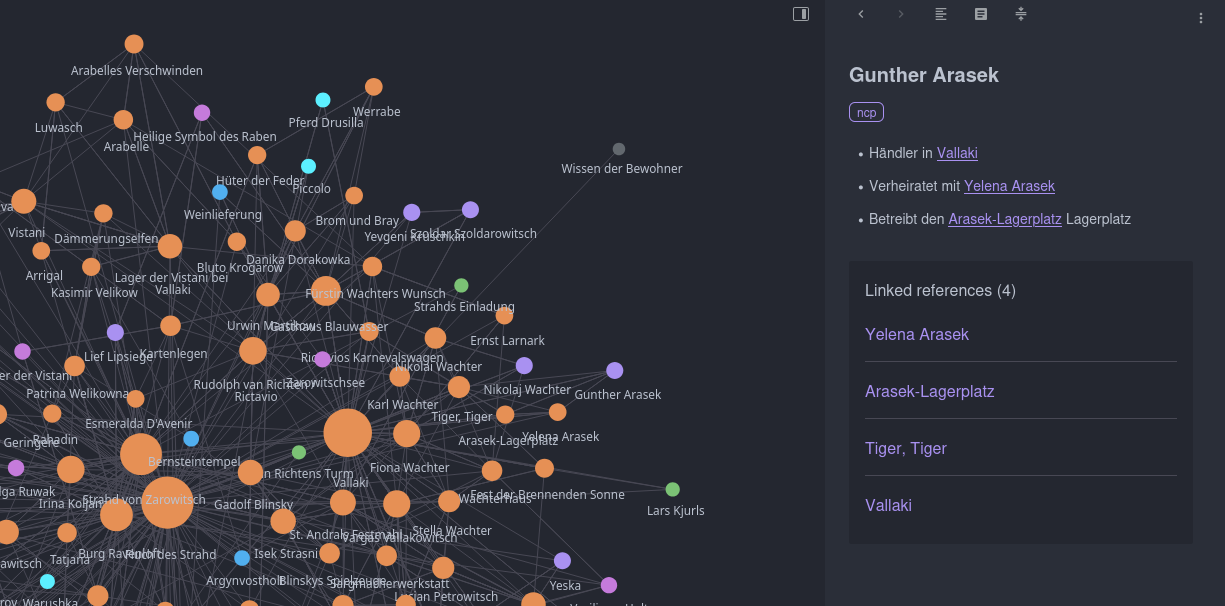 Auto-generated description: Ein Netzwerkdiagramm zeigt verschiedene miteinander verbundene Knoten in verschiedenen Farben, wobei rechts detaillierte Informationen zu Gunther Arasek aufgeführt sind.
