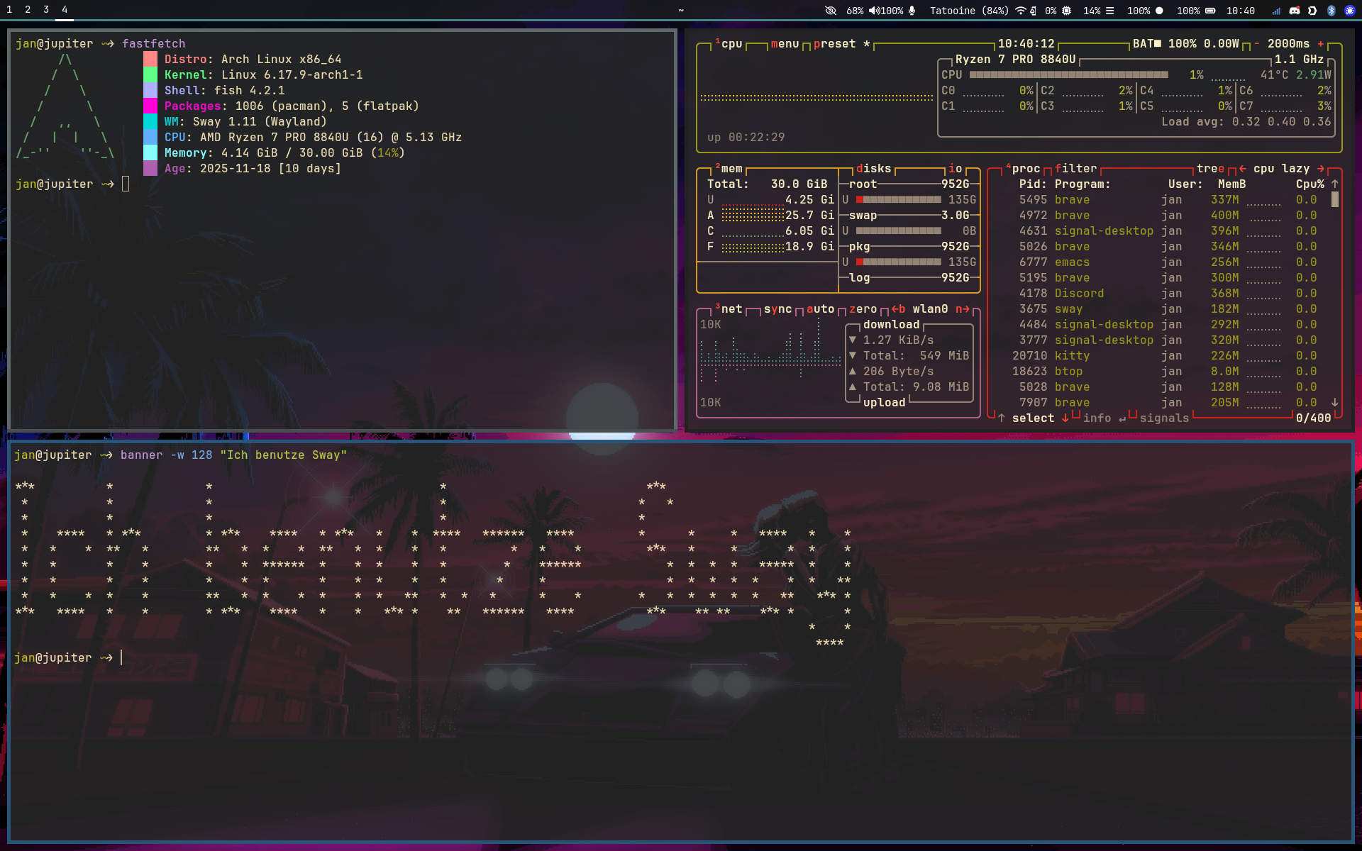 Ein Desktop-Setup mit dem Betriebssystem Arch Linux, Systeminformationen und einem Text, der Ich benutze Sway zeigt, alles vor einem retro-inspirierten Hintergrund.