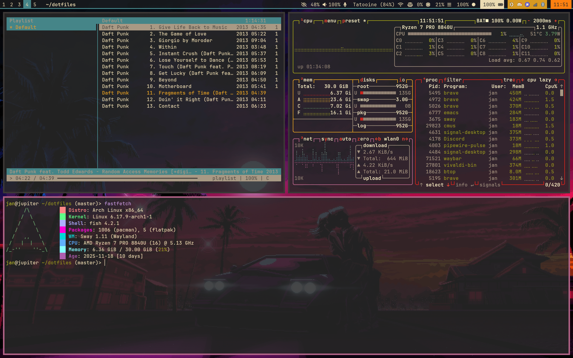 Ein mehrteiliges Terminal-Setup zeigt Systeminformationen, eine Musik-Playlist und grafische Darstellungen auf einem Bildschirm mit einem neonfarbenen Hintergrund.